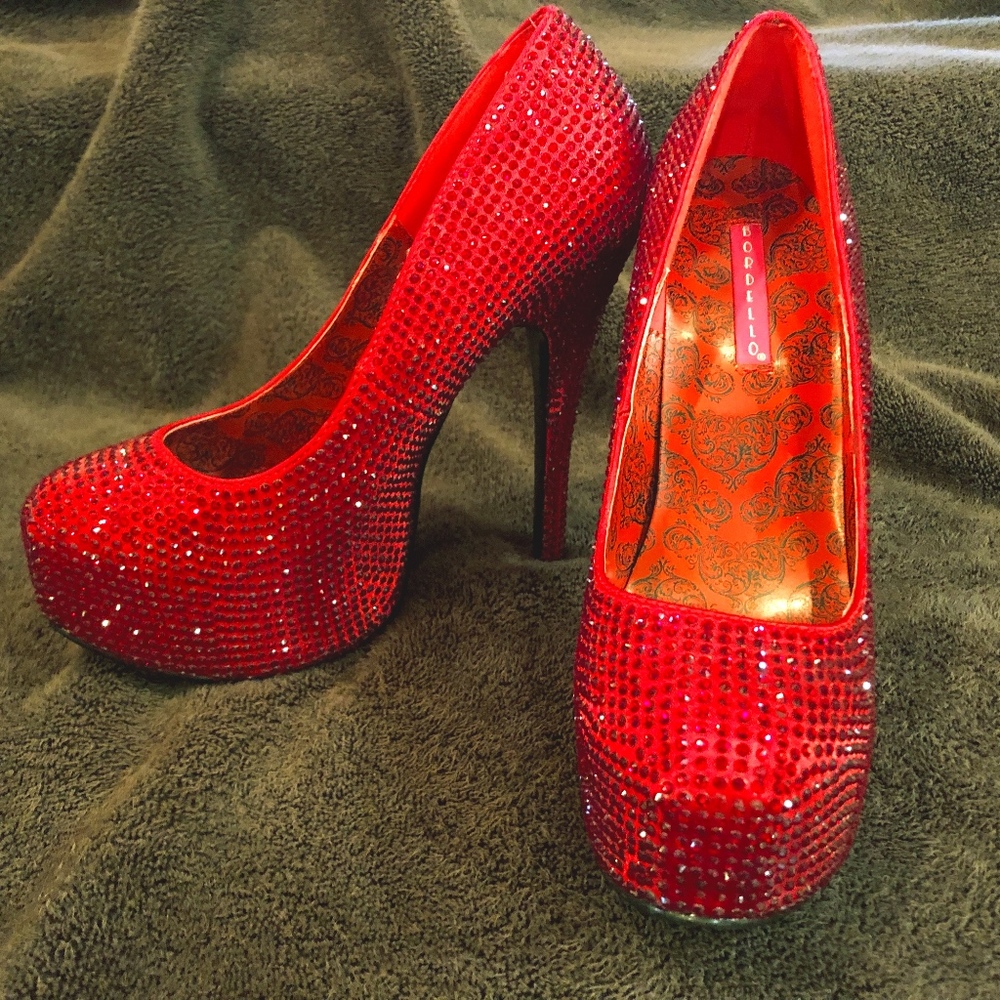 Bordello ruby red crystal platform heels